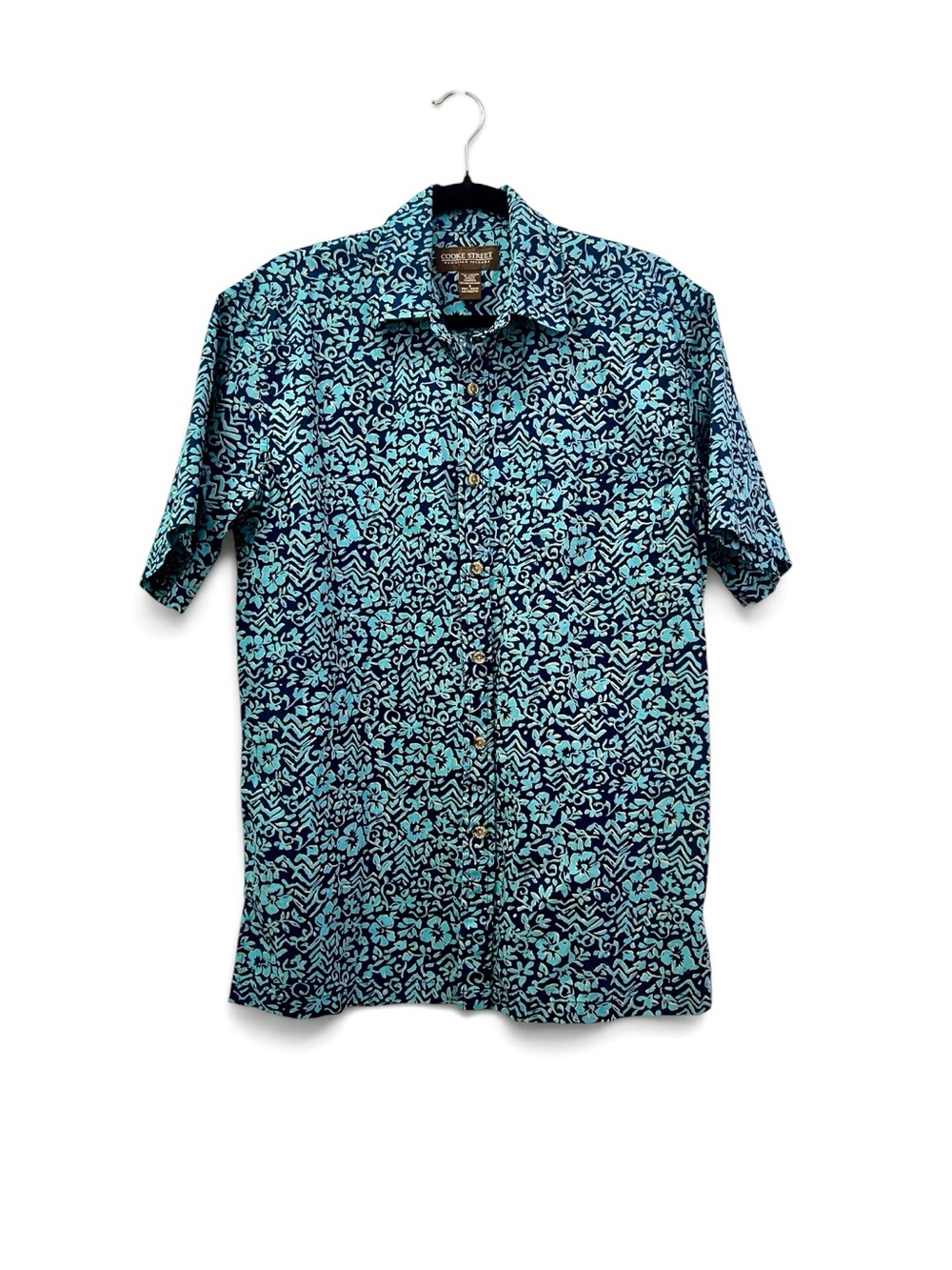 Cooke St Hawaiian Islands Navy Aqua Floral Button-Down 100% Cotton Shirt Sz S